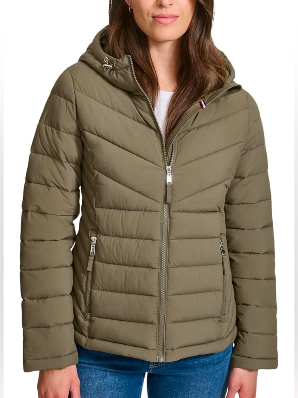Tommy Hilfiger Olive Quilted Hooded Puffer Jacket